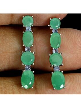 Genuine Emerald & Tanzanite Drop Earrings 925 SS with 14K White Gold overlay